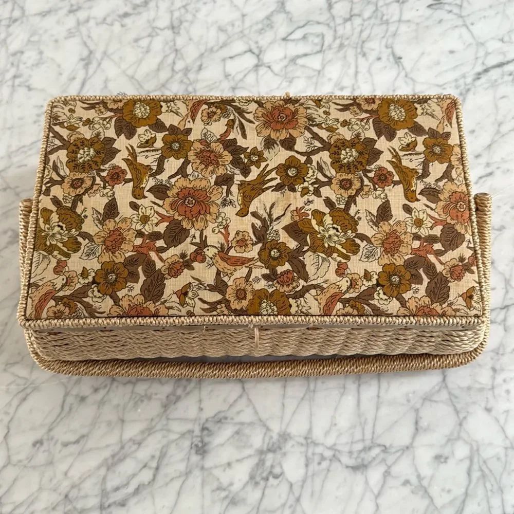 Vintage 1960s Floral Bird Embroidered Made in Japan Wicker Sewing Basket Box